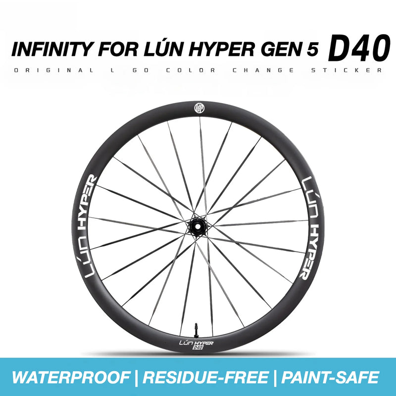 S-PARTS Infinity Logo Decals for Lún HYPER 5 D40 Gen 5 — Waterproof Overlay Set for Two Wheels + Spares