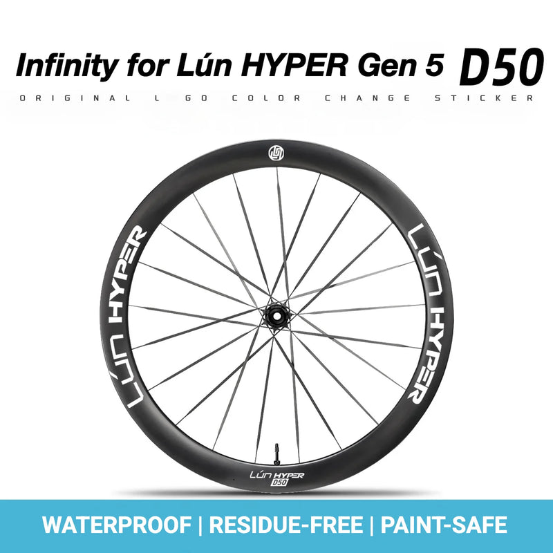 S-PARTS Infinity Logo Decals for Lún HYPER 5 D50 Gen 5 — Waterproof Overlay Set for Two Wheels + Spares