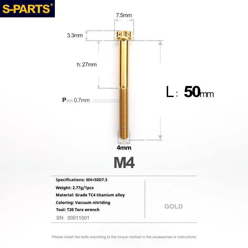 S-PARTS A3 Gold M4 TC4 Titanium Screw Bolt | Standard Parts for Electric Vehicle Motorcycle Car - Detail 116