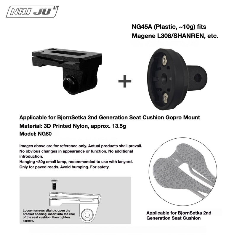 NIUJU Torque Saddle Mount for Bjorn Setka Gen 2 — GoPro / Tail Light / Race Number NG80 + Magene 308 Adapter NG45A