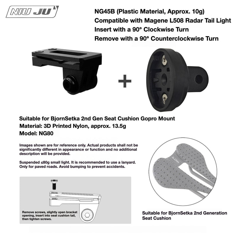 NIUJU Torque Saddle Mount for Bjorn Setka Gen 2 — GoPro / Tail Light / Race Number NG80 + Magene 508 Adapter NG45B