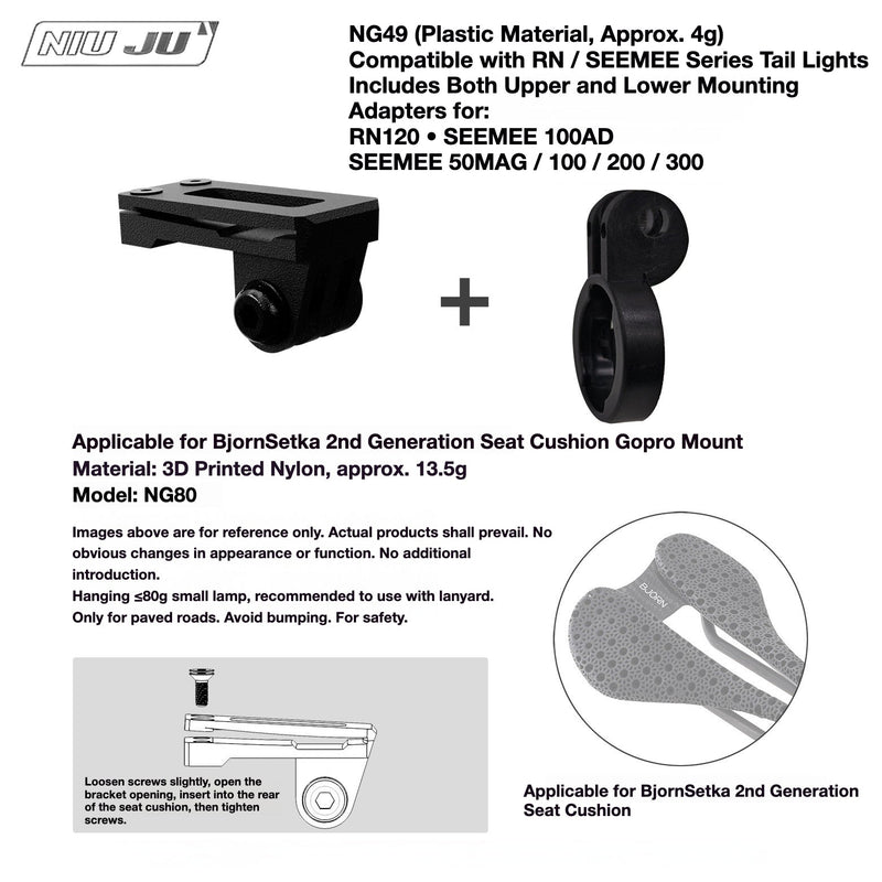 NIUJU Torque Saddle Mount for Bjorn Setka Gen 2 — GoPro / Tail Light / Race Number NG80 + Magicshine Tail Light Adapter NG49