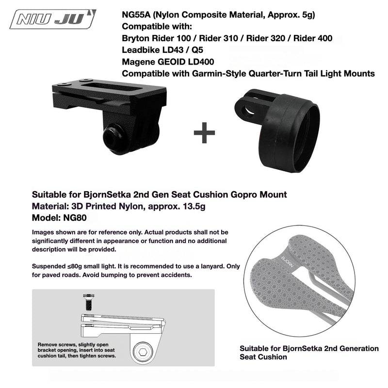 NIUJU Torque Saddle Mount for Bjorn Setka Gen 2 — GoPro / Tail Light / Race Number NG80 + Xlite100 Adapter NG55A