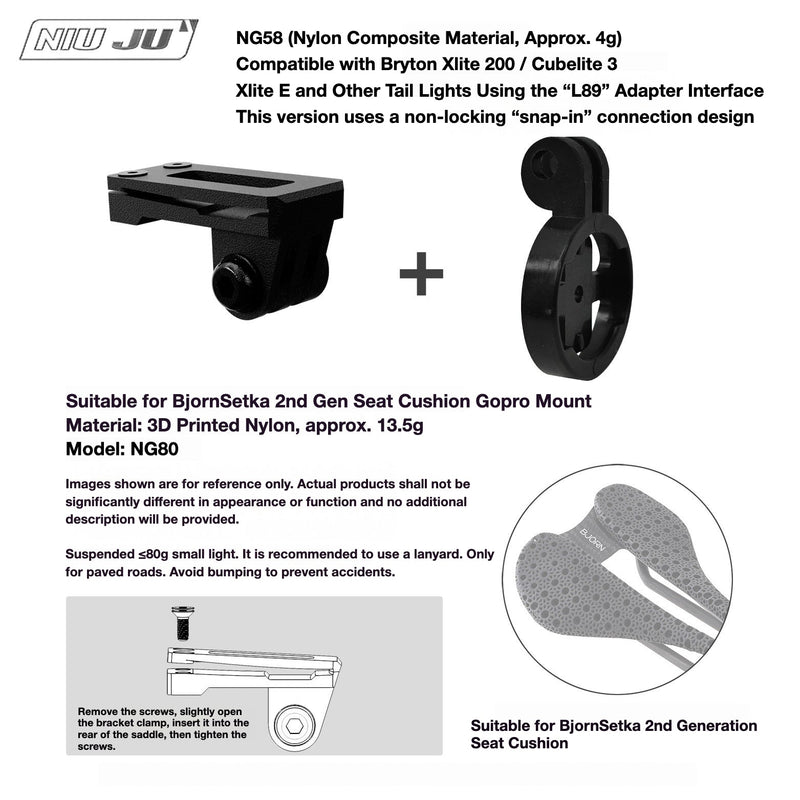 NIUJU Torque Saddle Mount for Bjorn Setka Gen 2 — GoPro / Tail Light / Race Number NG80 + Rotating Tail Light Adapter NG58