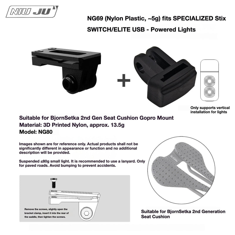 NIUJU Torque Saddle Mount for Bjorn Setka Gen 2 — GoPro / Tail Light / Race Number NG80 + Specialized STIX Adapter NG69