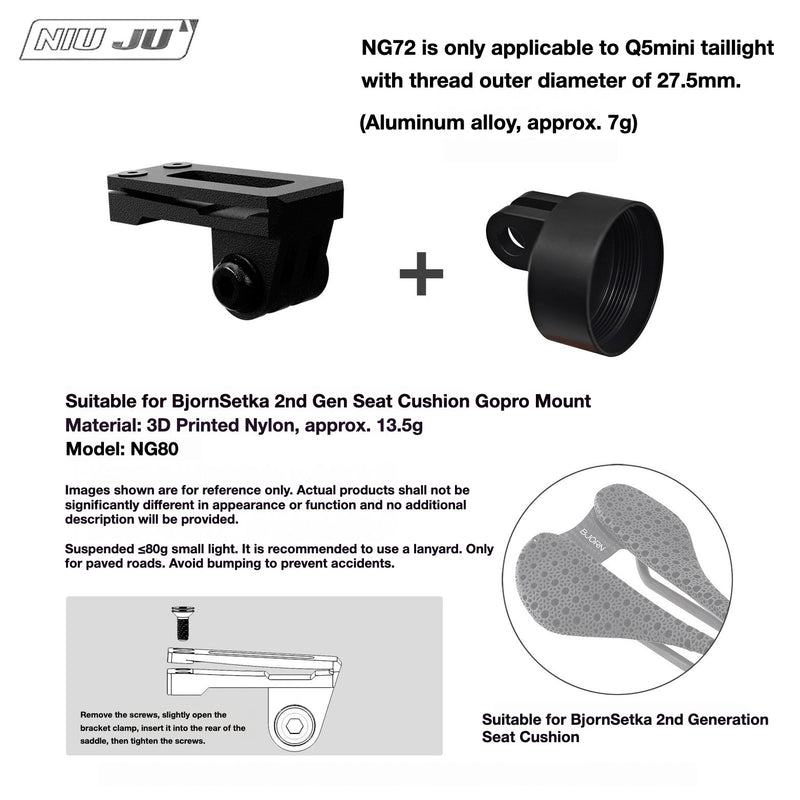 NIUJU Torque Saddle Mount for Bjorn Setka Gen 2 — GoPro / Tail Light / Race Number NG80 + ROCKBROS Q5 Mini Adapter NG72