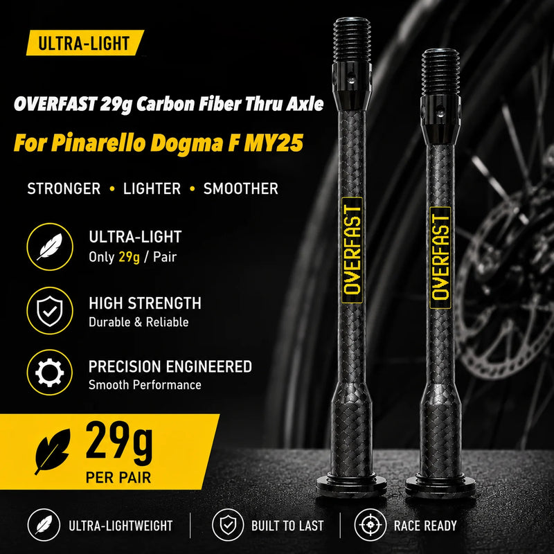 OVERFAST 29g Ultralight Carbon Fiber Thru Axle Set for Pinarello Dogma F MY25 | Disc Brake Road Bike