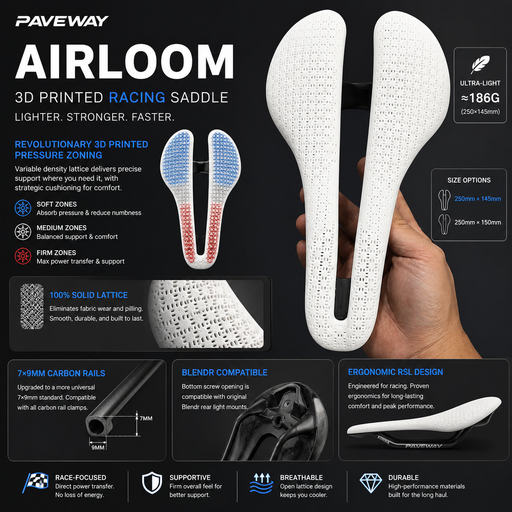 PAVEWAY 3D-Printed Carbon-Rail Road Saddle — 145 / 150mm