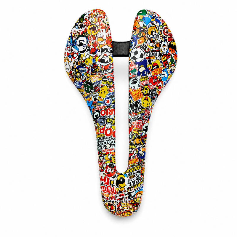PAVEWAY Short-Nose Full Carbon Saddle — 85g — 250 × 140 / 150mm Comic-style paintwork