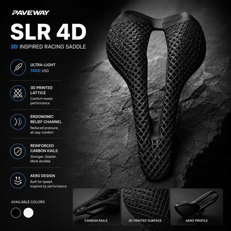 PAVEWAY SLR 4D 3D-Inspired Carbon Racing Saddle — 242 × 143mm — Black / White