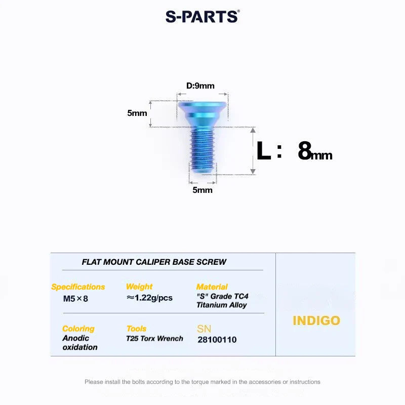 S-PARTS 3D-Printed Titanium Flat Mount Brake Adapter Shimano R8170 Flat Mount Adapter Bolt – Indigo Blue 1pc
