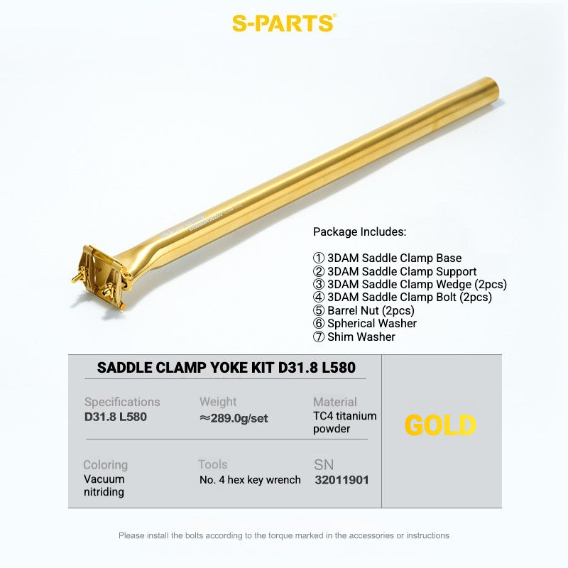 S-PARTS 3DAM 3D-Printed Titanium Saddle Clamp Yoke Kit — 31.8 / 33.9 / 34.9 31.8 L580 Gold