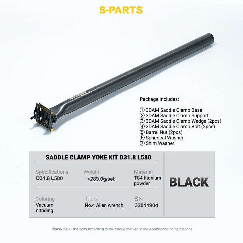 S-PARTS 3DAM 3D-Printed Titanium Saddle Clamp Yoke Kit — 31.8 / 33.9 / 34.9 31.8 L580 Black