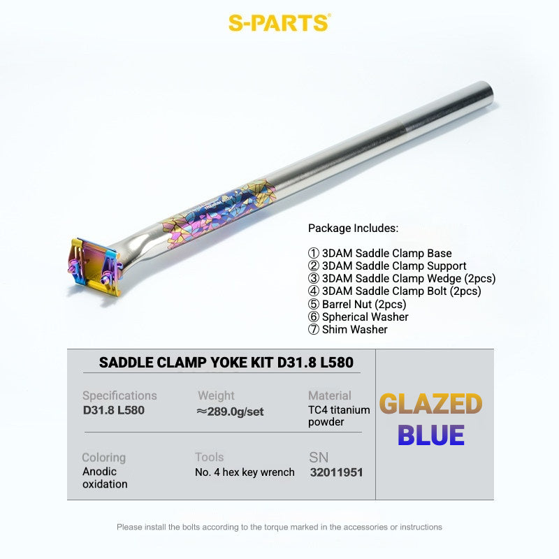 S-PARTS 3DAM 3D-Printed Titanium Saddle Clamp Yoke Kit — 31.8 / 33.9 / 34.9 31.8 L580 Glazed Blue