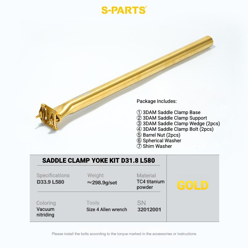 S-PARTS 3DAM 3D-Printed Titanium Saddle Clamp Yoke Kit — 31.8 / 33.9 / 34.9 33.9 L580 Gold