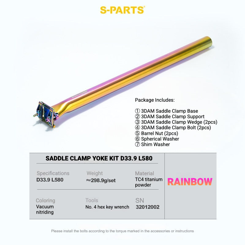 S-PARTS 3DAM 3D-Printed Titanium Saddle Clamp Yoke Kit — 31.8 / 33.9 / 34.9 33.9 L580 Rainbow
