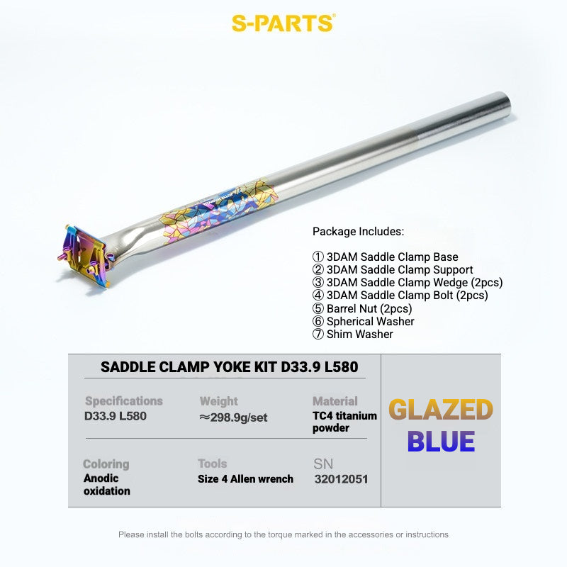 S-PARTS 3DAM 3D-Printed Titanium Saddle Clamp Yoke Kit — 31.8 / 33.9 / 34.9 33.9 L580 Glazed Blue