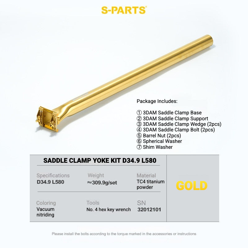 S-PARTS 3DAM 3D-Printed Titanium Saddle Clamp Yoke Kit — 31.8 / 33.9 / 34.9 34.9 L580 Gold