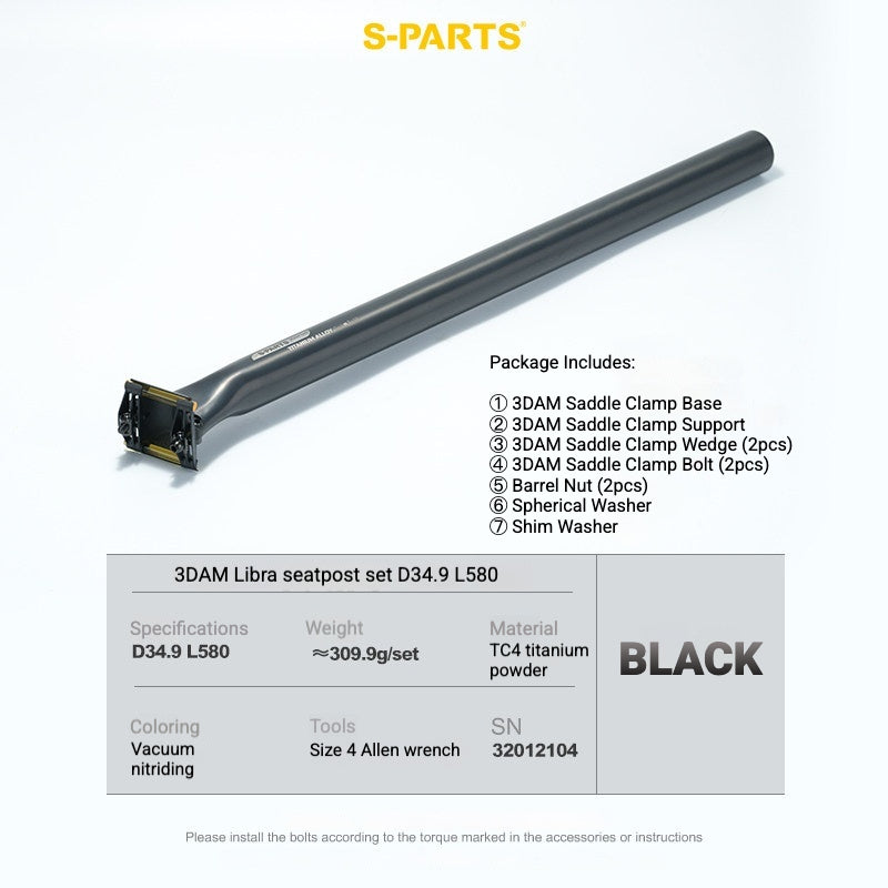 S-PARTS 3DAM 3D-Printed Titanium Saddle Clamp Yoke Kit — 31.8 / 33.9 / 34.9 34.9 L580 Black