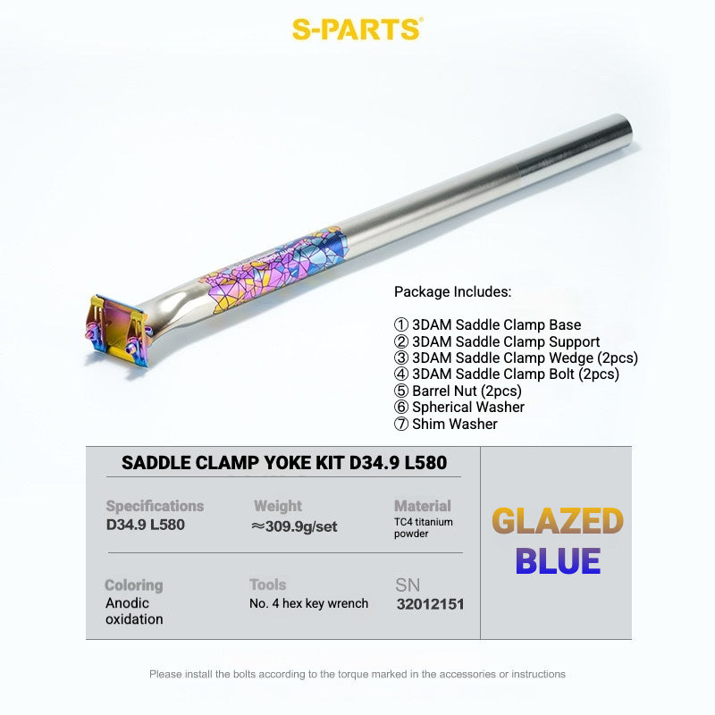 S-PARTS 3DAM 3D-Printed Titanium Saddle Clamp Yoke Kit — 31.8 / 33.9 / 34.9 34.9 L580 Glazed Blue