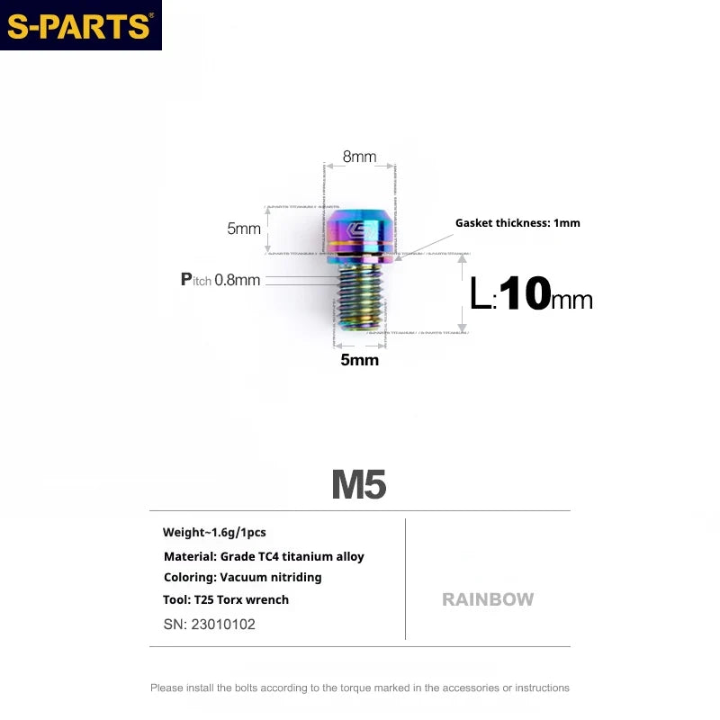 S-PARTS A2 M5 Titanium Screws L10mm Rainbow