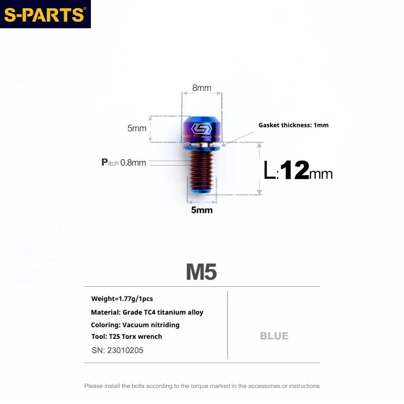 S-PARTS A2 M5 Titanium Screws L12mm Blue