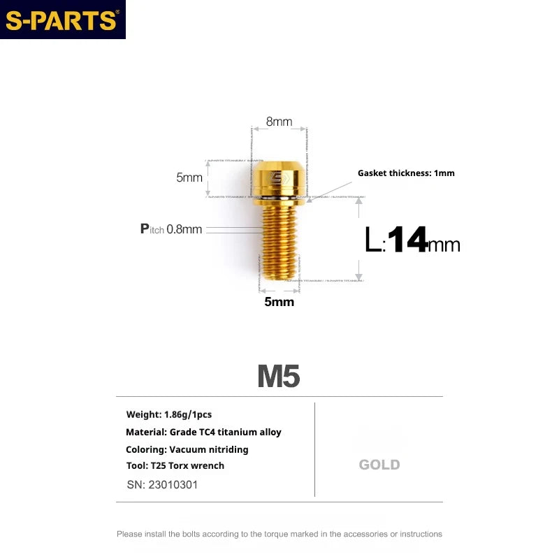 S-PARTS A2 M5 Titanium Screws L14mm Gold