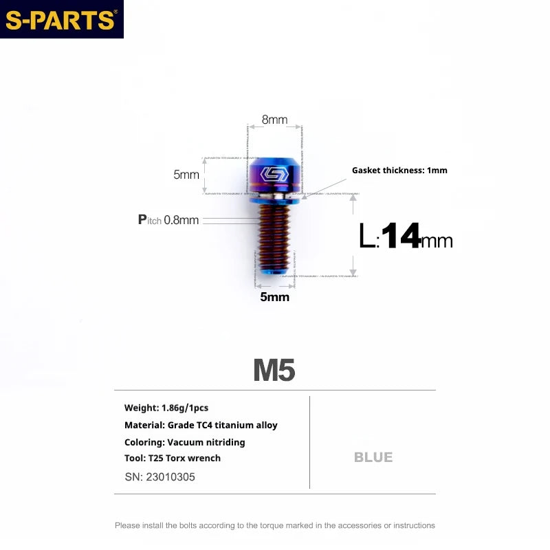 S-PARTS A2 M5 Titanium Screws L14mm Blue