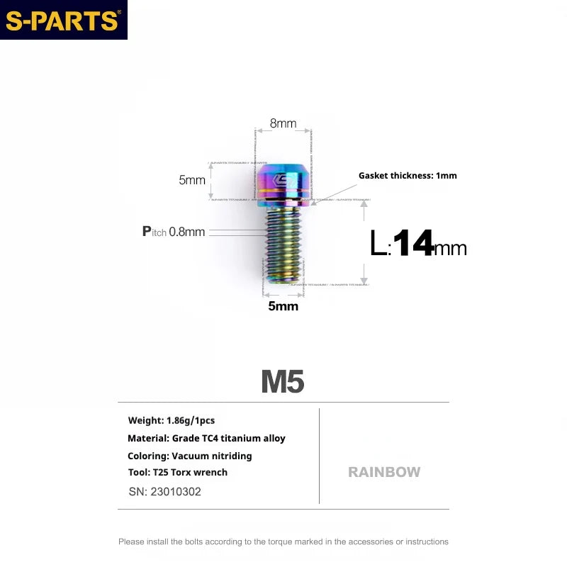 S-PARTS A2 M5 Titanium Screws L14mm Rainbow