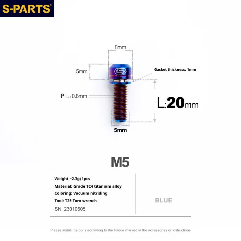 S-PARTS A2 M5 Titanium Screws L20mm Blue