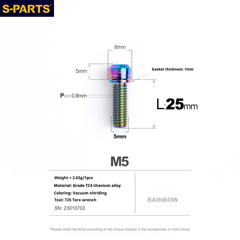 S-PARTS A2 M5 Titanium Screws — L10–40mm Rainbow