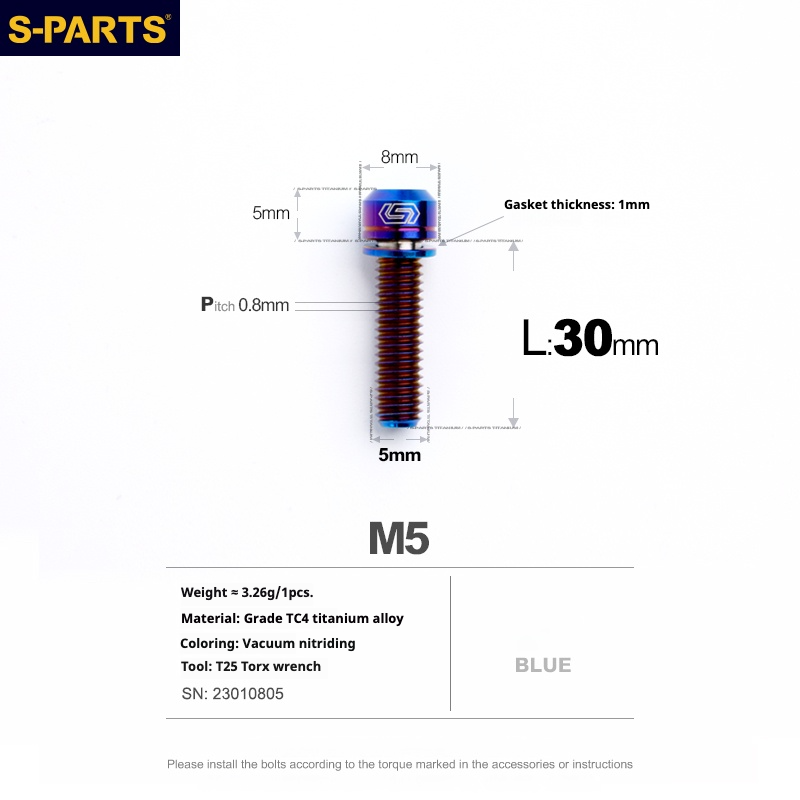 S-PARTS A2 M5 Titanium Screws — L10–40mm Blue