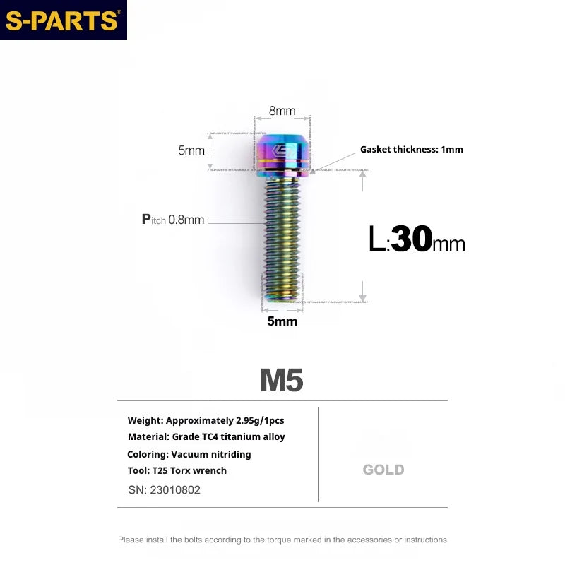 S-PARTS A2 M5 Titanium Screws L30mm Rainbow