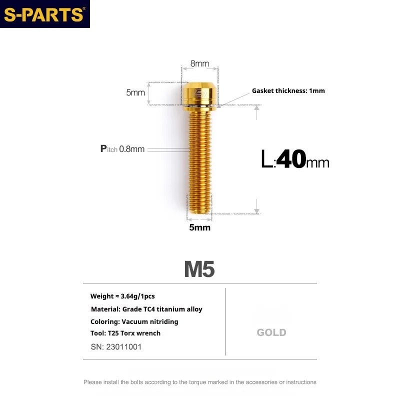 S-PARTS A2 M5 Titanium Screws L40mm Gold