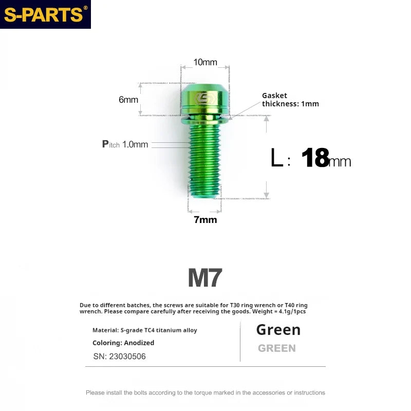 S-PARTS A2 M7 Titanium Screws L18mm L20mm Green