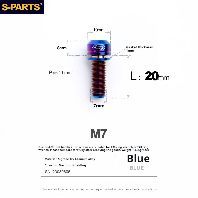 S-PARTS A2 M7 Titanium Screws L18mm L20mm Blue