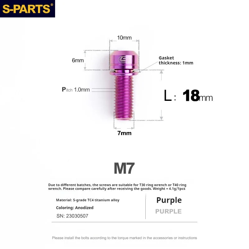 S-PARTS A2 M7 Titanium Screws L18mm L20mm Purple