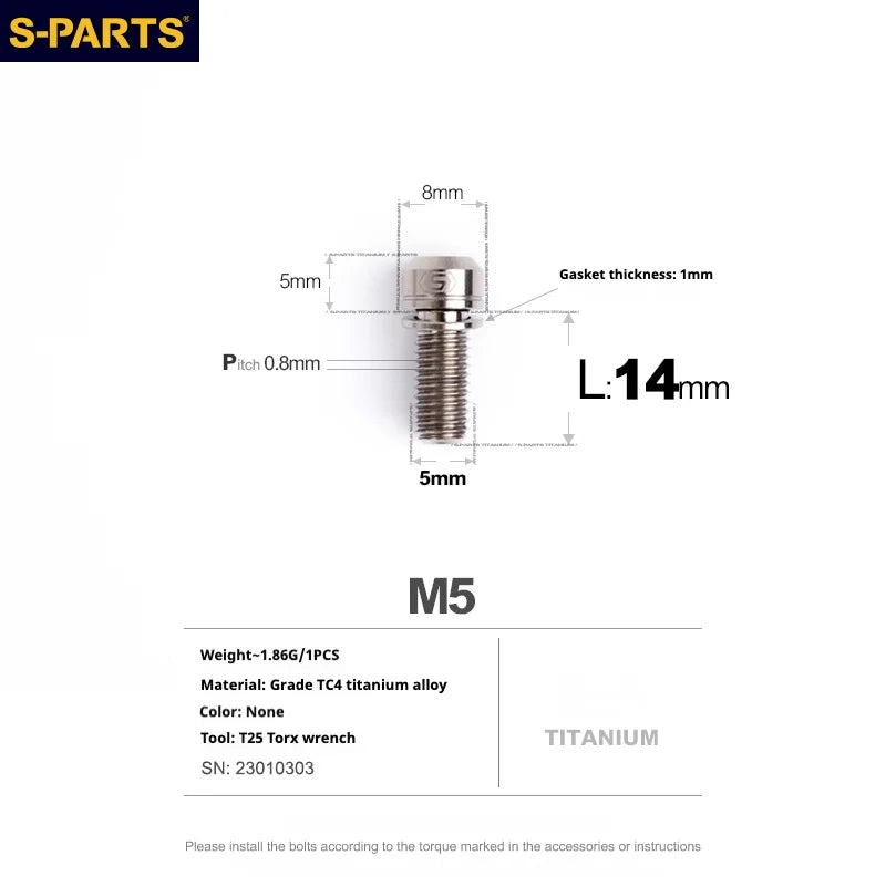 S-PARTS A2 Series M5 L10-40mm Titanium Screws