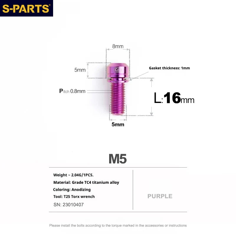 S-PARTS A2 Series M5 L10-40mm Titanium Screws