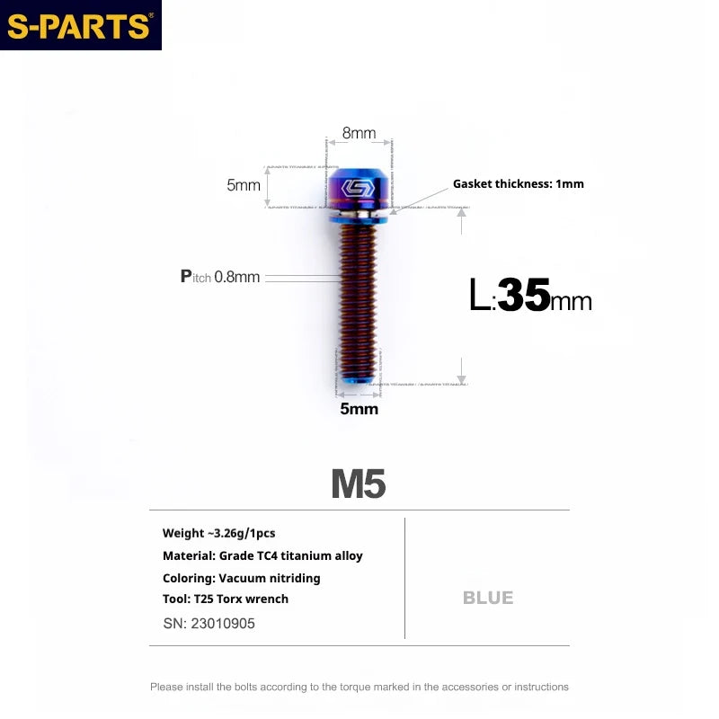 S-PARTS A2 Series M5 L10-40mm Titanium Screws