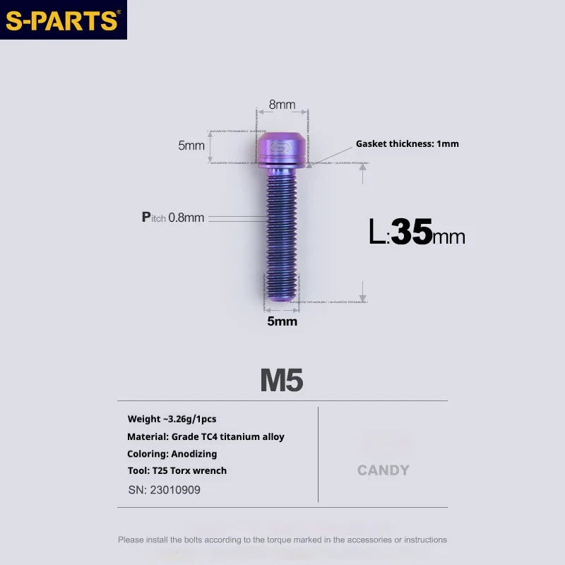 S-PARTS A2 Series M5 L10-40mm Titanium Screws