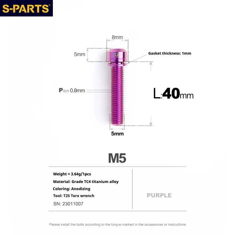 S-PARTS A2 Series M5 L10-40mm Titanium Screws