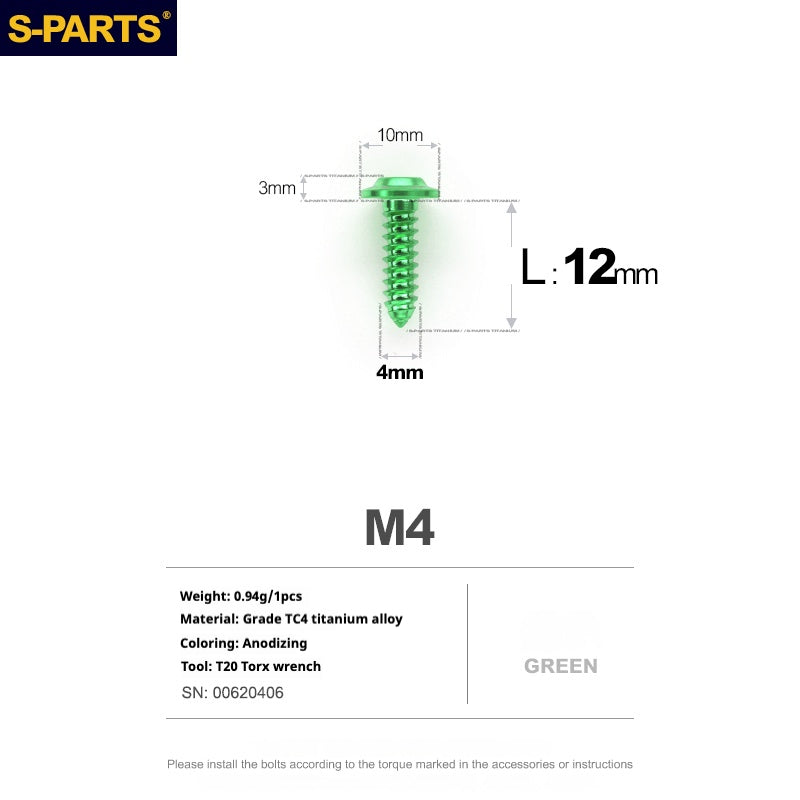 S-PARTS A3 M4 Umbrella Head Self-Tapping Titanium Screws — L12–20mm D10 L12mm Green