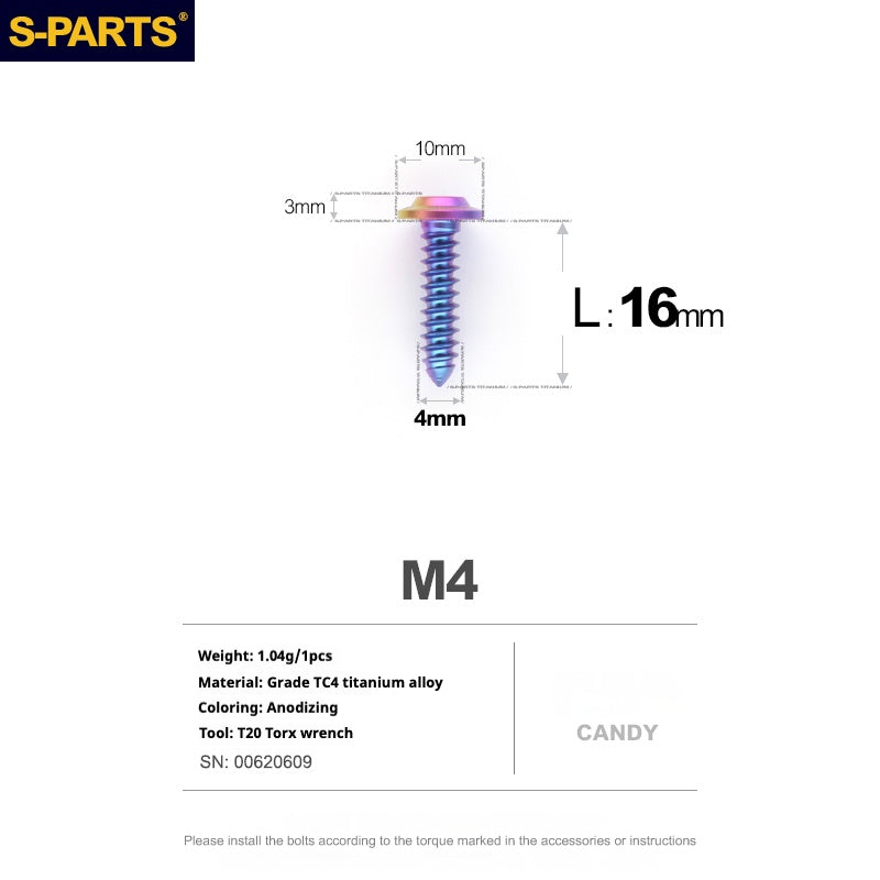 S-PARTS A3 M4 Umbrella Head Self-Tapping Titanium Screws — L12–20mm D10 L16mm Candy