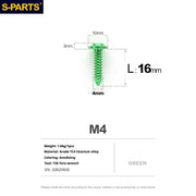 S-PARTS A3 M4 Umbrella Head Self-Tapping Titanium Screws — L12–20mm D10 L16mm Green