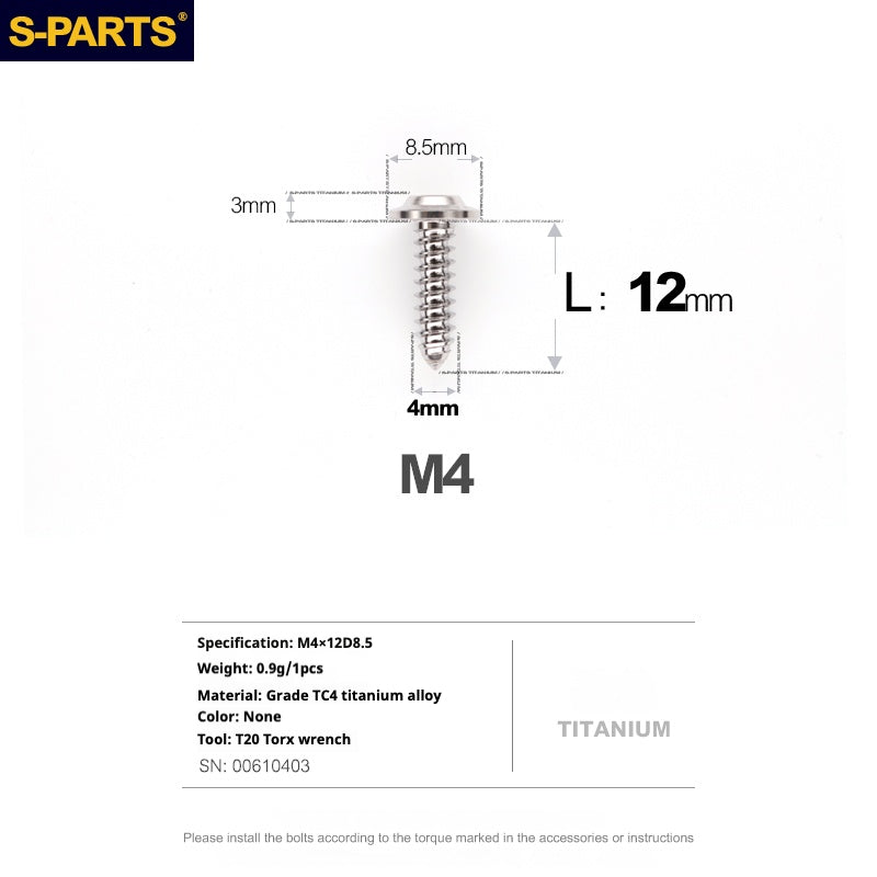S-PARTS A3 M4 Umbrella Head Self-Tapping Titanium Screws — L12–30mm D8.5 L12mm