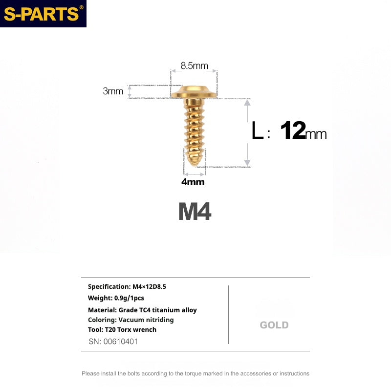 S-PARTS A3 M4 Umbrella Head Self-Tapping Titanium Screws — L12–30mm D8.5 L12mm Gold