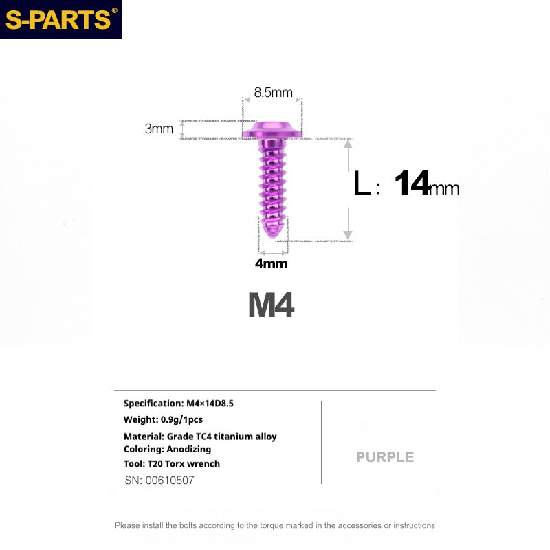 S-PARTS A3 M4 Umbrella Head Self-Tapping Titanium Screws — L12–30mm D8.5 L14mm Purple