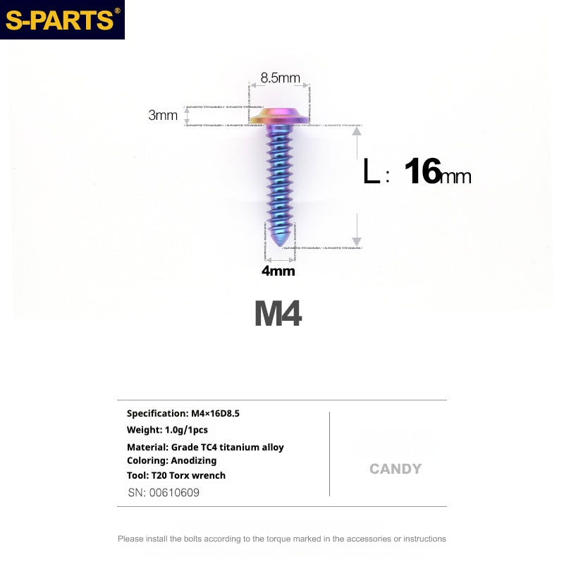 S-PARTS A3 M4 Umbrella Head Self-Tapping Titanium Screws — L12–30mm D8.5 L16mm Candy
