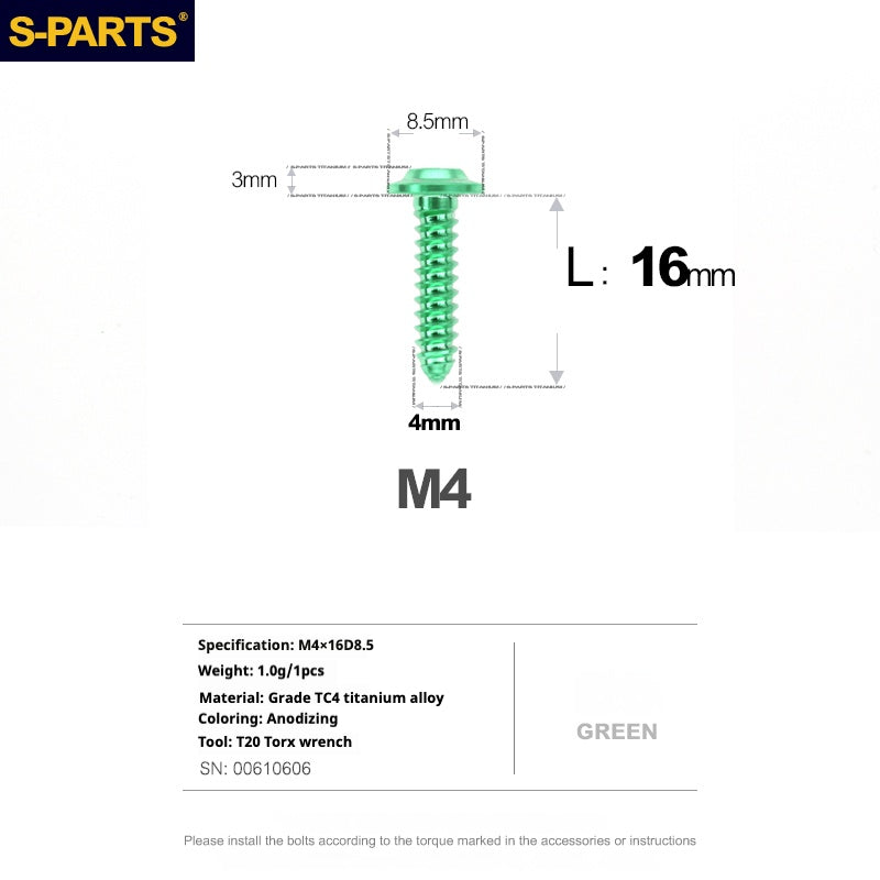 S-PARTS A3 M4 Umbrella Head Self-Tapping Titanium Screws — L12–30mm D8.5 L16mm Green